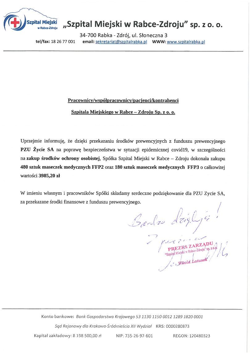 Skan podziękowania dla PZU