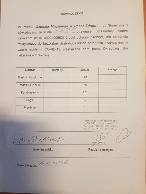 Skan otrzymane dary od Okręgowej Izby Lekarskiej